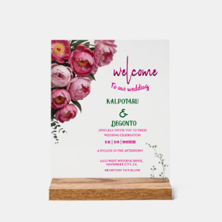Elegantes rosa florales Hochzeits-Willkommensschil Acrylschild