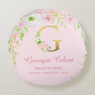 Elegantes rosa florales Monogramm Baby-Statistiken Rundes Kissen