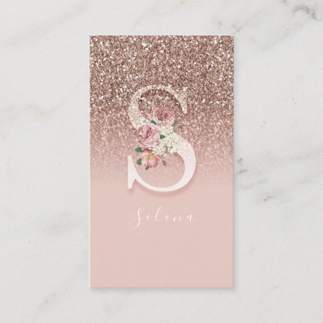 Elegantes rosa florales Monogramm Initiale goldene Visitenkarte (Vorderseite)