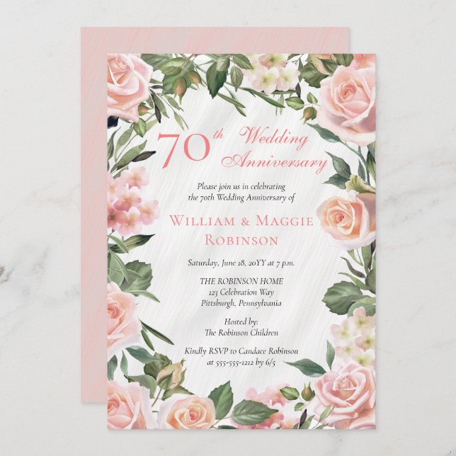 Elegantes rosa, florales Party zum 70. Hochzeitsta Einladung (Vorne/Hinten)