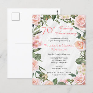 Elegantes rosa, florales Party zum 70. Hochzeitsta Postkarte