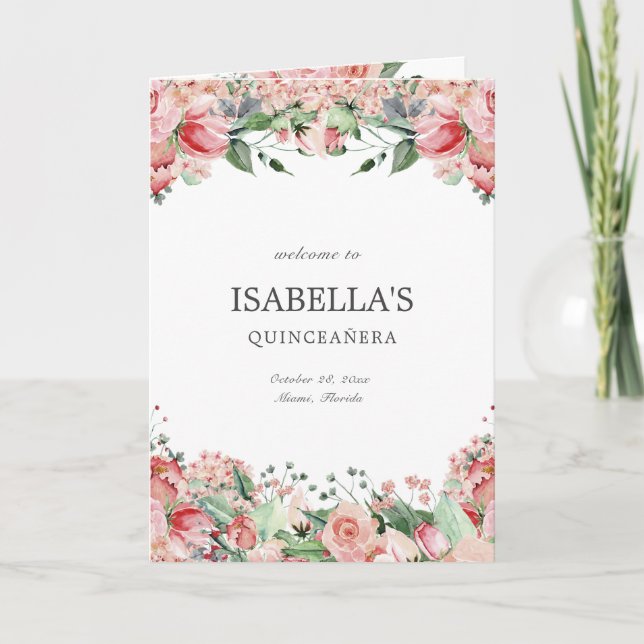 Elegantes rosa, florales Quince Prinzessin Padrino Programm (Vorderseite)