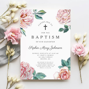 Elegantes rosa florales religiöses Kreuz Taufe Einladung