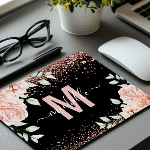 Elegantes rosa florales Roségold Glitter Monogramm Mousepad