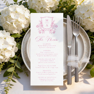 Elegantes rosa florales Wappen Monogramm Hochzeit Menükarte