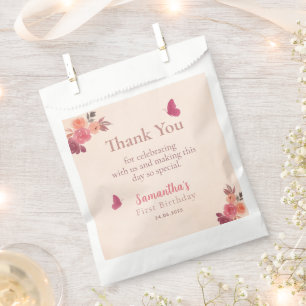 Elegantes Rosa Florales Wasserfarben 1. Geburtstag Geschenktütchen