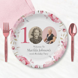 Elegantes Rosa Foto 100. Geburtstagsparty Pappteller