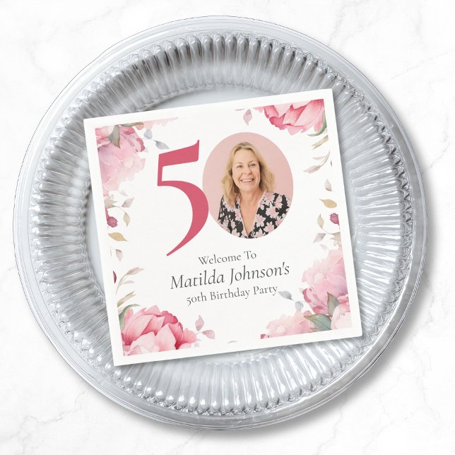 Elegantes Rosa Foto 50. Geburtstagsparty Serviette (Elegant Pink Floral Photo 50th Birthday Party Napkins)