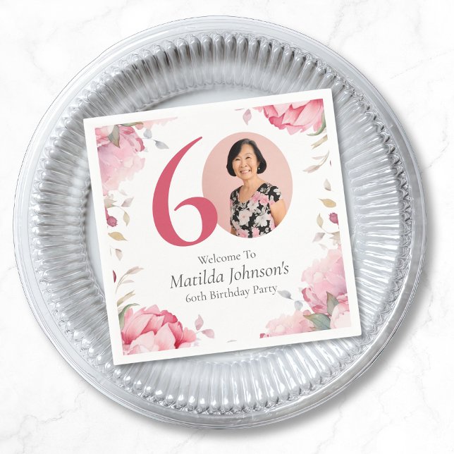 Elegantes Rosa Foto 60. Geburtstagsparty Serviette (Elegant Pink Floral Photo 60th Birthday Party Napkins)