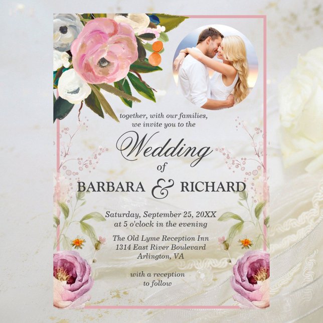 Elegantes Rosa Foto Blumenwasser Hochzeit Acryleinladungen (Von Creator hochgeladen)