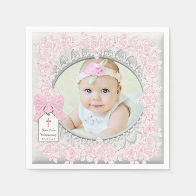 Elegantes Rosa Foto Christening Serviette (Vorderseite)