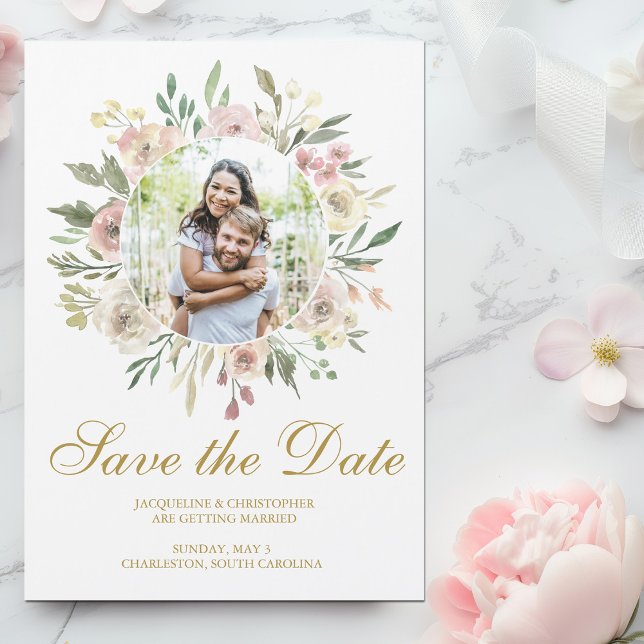 Elegantes Rosa Foto Floral Gold Save the Date Magneteinladung (Von Creator hochgeladen)