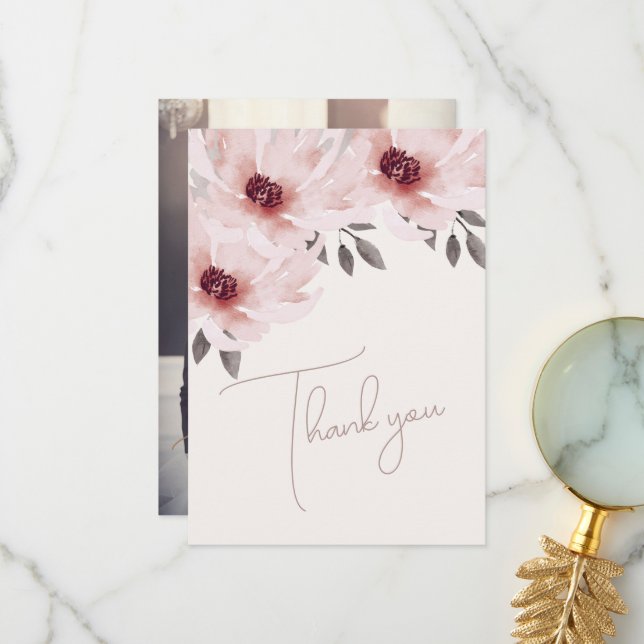 Elegantes Rosa Foto Hochzeit mit floralen Farben Dankeskarte (Vorderseite/Rückseite Beispiel)