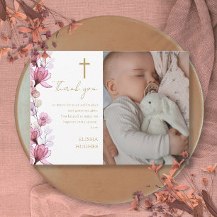 Elegantes rosa Foto Taufe Christening Dankeskarte