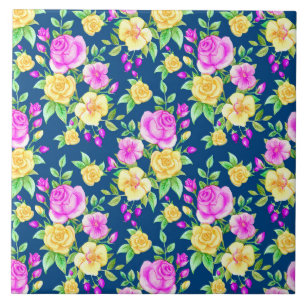 Elegantes Rosa-Gelb-Rosen-Blumenmuster Fliese