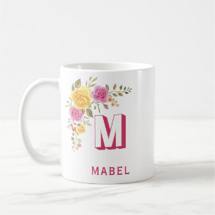 Elegantes rosa gelbes Individuelle Name Blumenmono Kaffeetasse