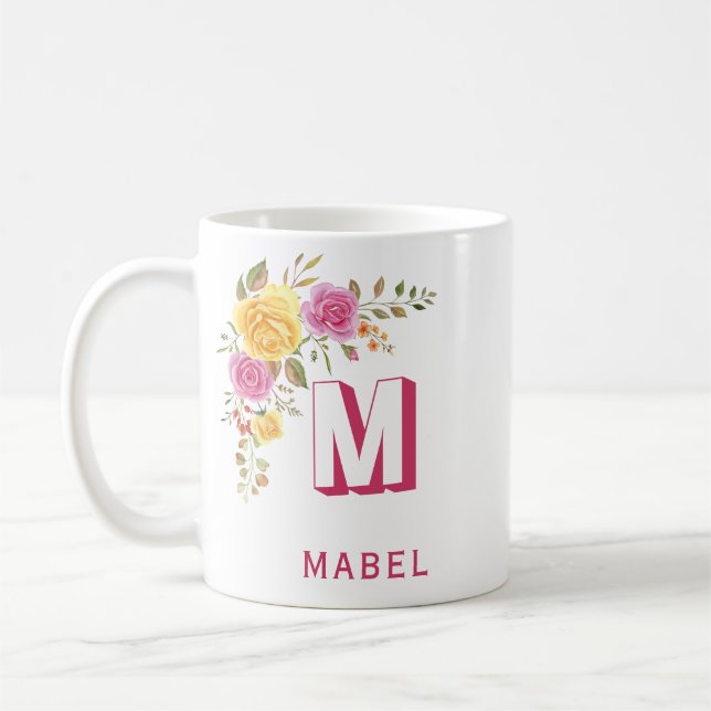 Elegantes rosa gelbes Individuelle Name Blumenmono Kaffeetasse (Links)