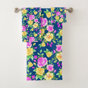 Elegantes rosa, gelbes Rosenmuster Badhandtuch Set