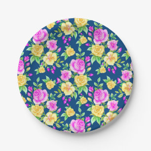 Elegantes rosa, gelbes Rosenmuster Pappteller