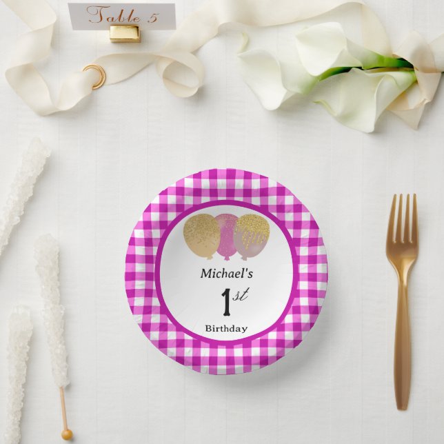 Elegantes Rosa Gingham & Luftballons 1. Geburtstag Pappteller (Hochzeit)