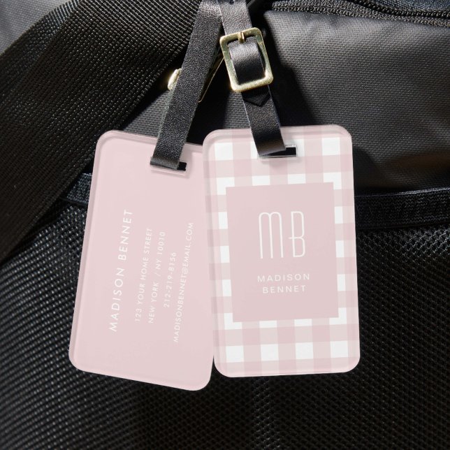 Elegantes rosa Gingham-Monogramm Gepäckanhänger (Elegant Pink Gingham Monogram Luggage Tag)