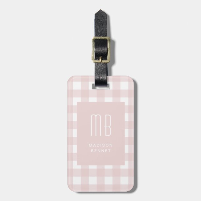 Elegantes rosa Gingham-Monogramm Gepäckanhänger (Vorderseite vertikal)