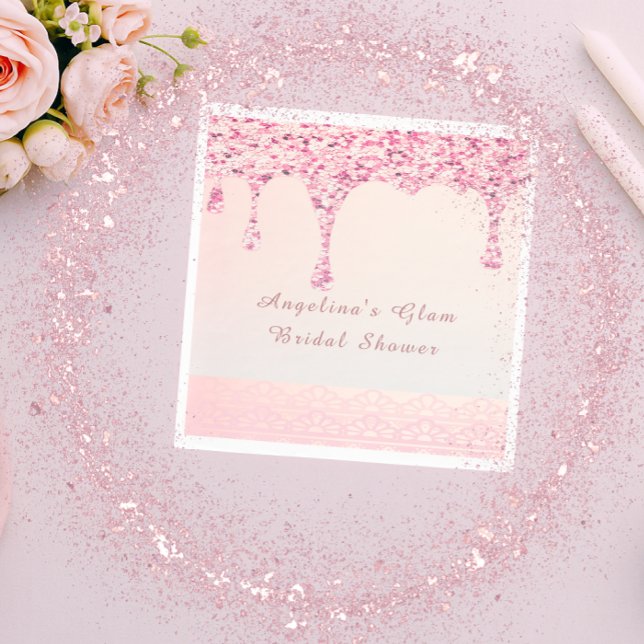Elegantes Rosa Glam Glitzer Tropfen Lace Brautpart Serviette (Glam pink glitter drip napkin with lace and custom name for a modern bridal shower.)