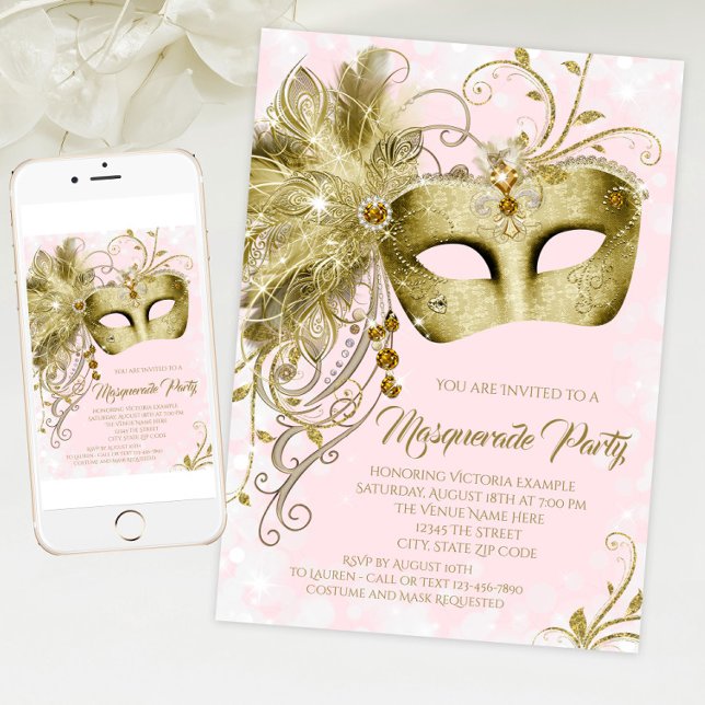 Elegantes Rosa Glitzer Masquerade Party Einladung (Pink and gold masquerade party invitation with elegant gold jewel mask. For download and print.)