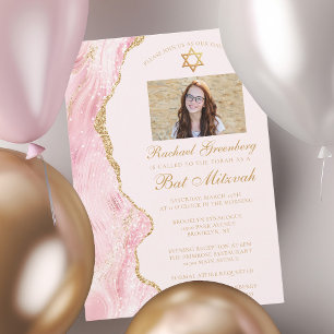 Elegantes Rosa Gold Agate Bat Mitzvah Foto Party Einladung