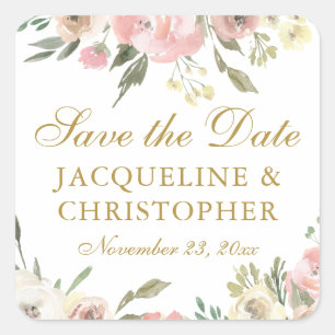 Elegantes Rosa-Gold-Blumen- Save-the-Date Quadratischer Aufkleber