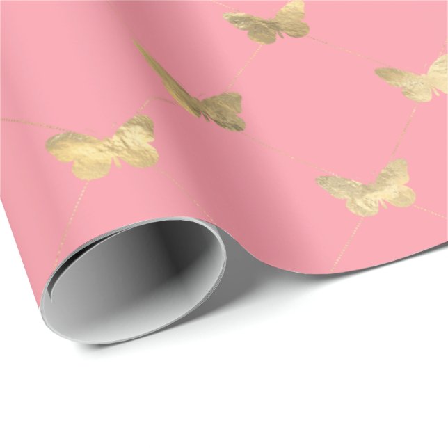 Elegantes rosa Gold Butterfly Musterpapier Geschenkpapier (Rolleneckpunkt)