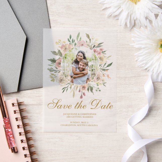 Elegantes Rosa Gold Floral Foto Save the Date (Hochzeit)