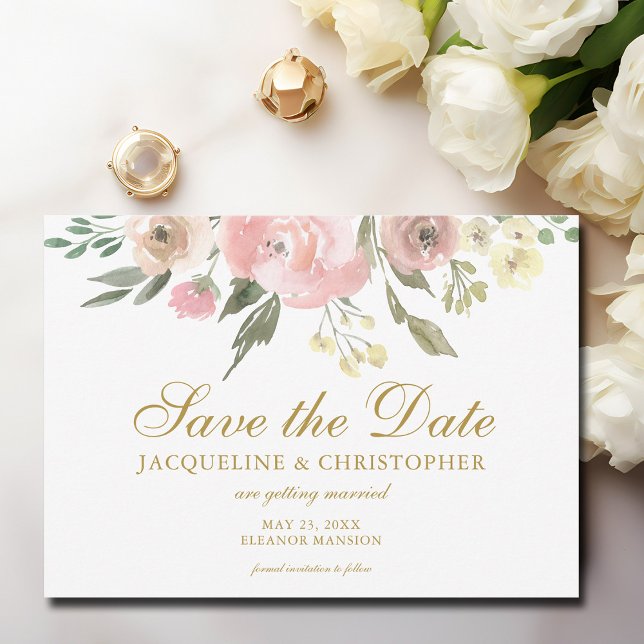 Elegantes Rosa Gold Floral Foto Save the Date (Von Creator hochgeladen)