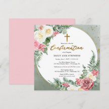 Elegantes Rosa | Gold Floral Frame Girl Confirmati