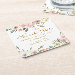 Elegantes Rosa Gold Floral Save the Date Rechteckiger Pappuntersetzer