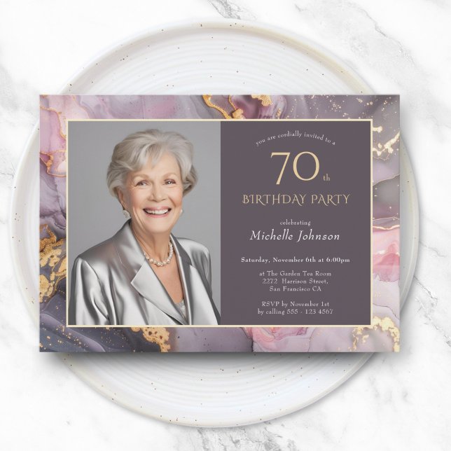 Elegantes Rosa Gold Foto 70. Geburtstag Einladung (Elegant Pink Gold Photo 70th Birthday Invitation)