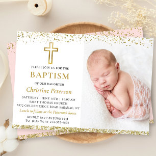 Elegantes Rosa Gold Glitzer Cross Girl Taufe Foto Einladung