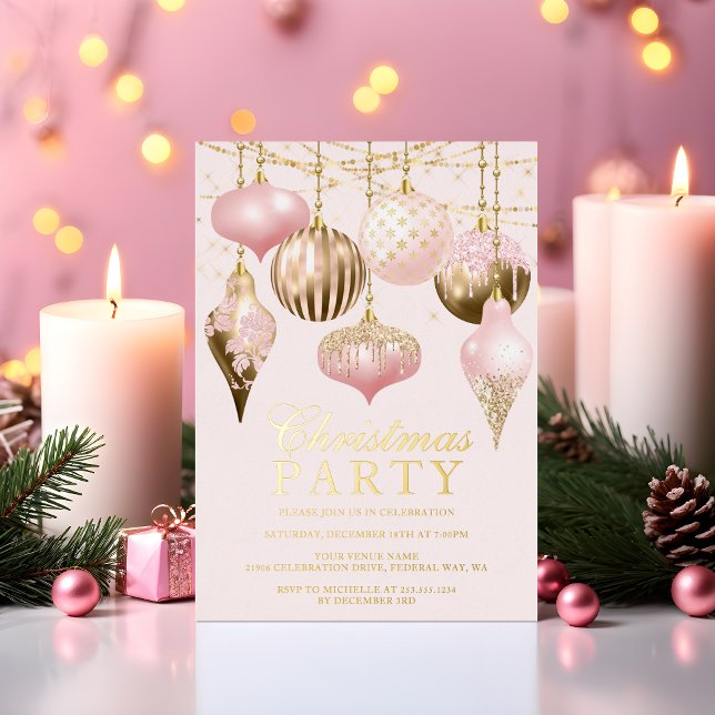 Elegantes Rosa Gold Ornamente Weihnachten Party Folieneinladung (Elegant Blush Pink Gold Ornaments Christmas Party Foil Invitation)