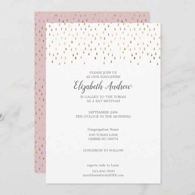 Elegantes Rosa & Gold Raindrops Bat Mitzvah Einladung (Vorne/Hinten)