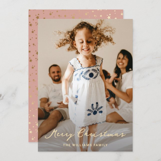 Elegantes Rosa Gold Stars Script Foto Weihnachten (Vorne/Hinten)