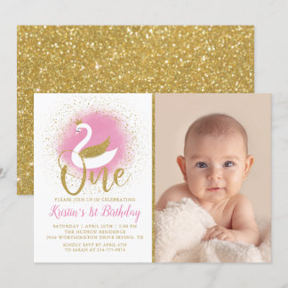 Elegantes Rosa Gold Swan Princess 1. Geburtstag Fo Einladung