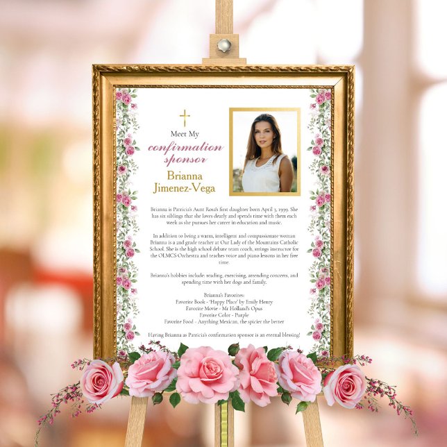 Elegantes rosa Gold trifft meinen Bestätigungsspon Fotodruck (Elegant Pink and Gold Rose Floral Greenery Confirmation Welcome Sign for Confirmation Sponsor)