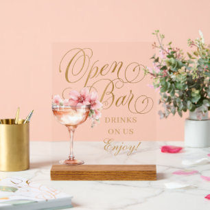 Elegantes rosa-goldenes florales Open-Bar-Acrylsch Acrylschild