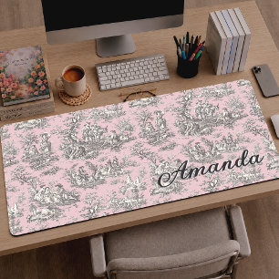Elegantes Rosa-Grau-Monogramm Toile de Jouy Schreibtischunterlage
