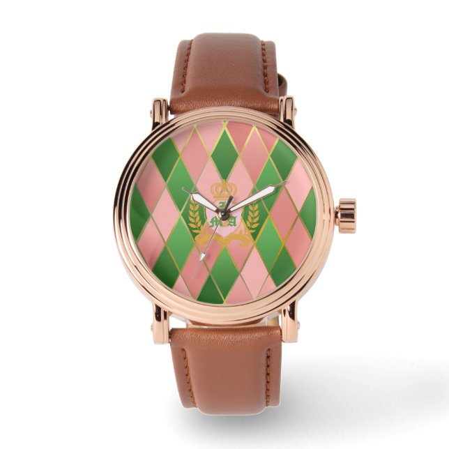 Elegantes Rosa Grün Argyle Monogrammiert Armbanduhr (Vorderseite)