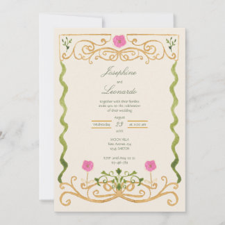 Elegantes Rosa Grün und Gold Handgemalte Wasserfar Einladung