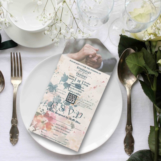 Elegantes rosa grünes Aquarellfarben QR-Foto All In One Einladung (Von Creator hochgeladen)