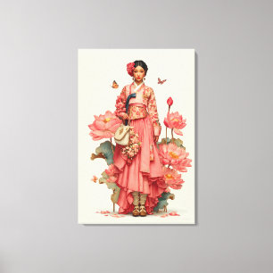 Elegantes rosa Hanbok und Lotusblüten-Leinwandkuns Leinwanddruck