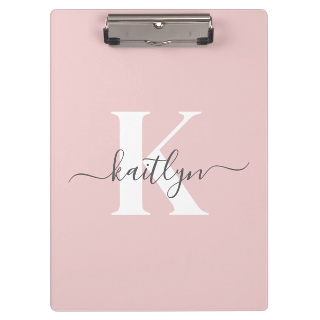 Elegantes Rosa-Hauch-Grau-Script-Monogramm Klemmbrett (Vorderseite)