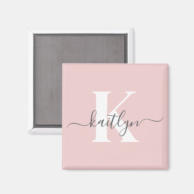 Elegantes Rosa-Hauch-Grau-Script-Monogramm Magnet (Vorderseite/Rückseite)